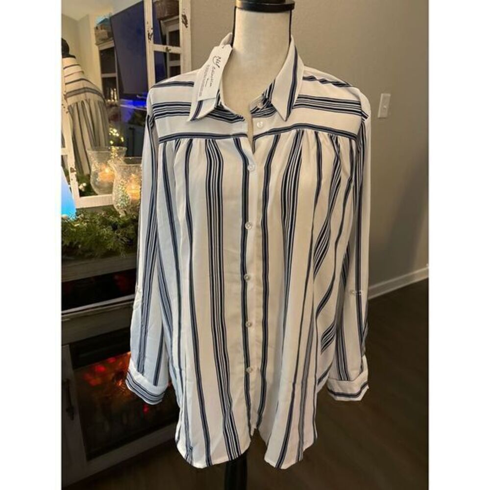 NY Collection women's blouse button up 2x NWT white‎ blue